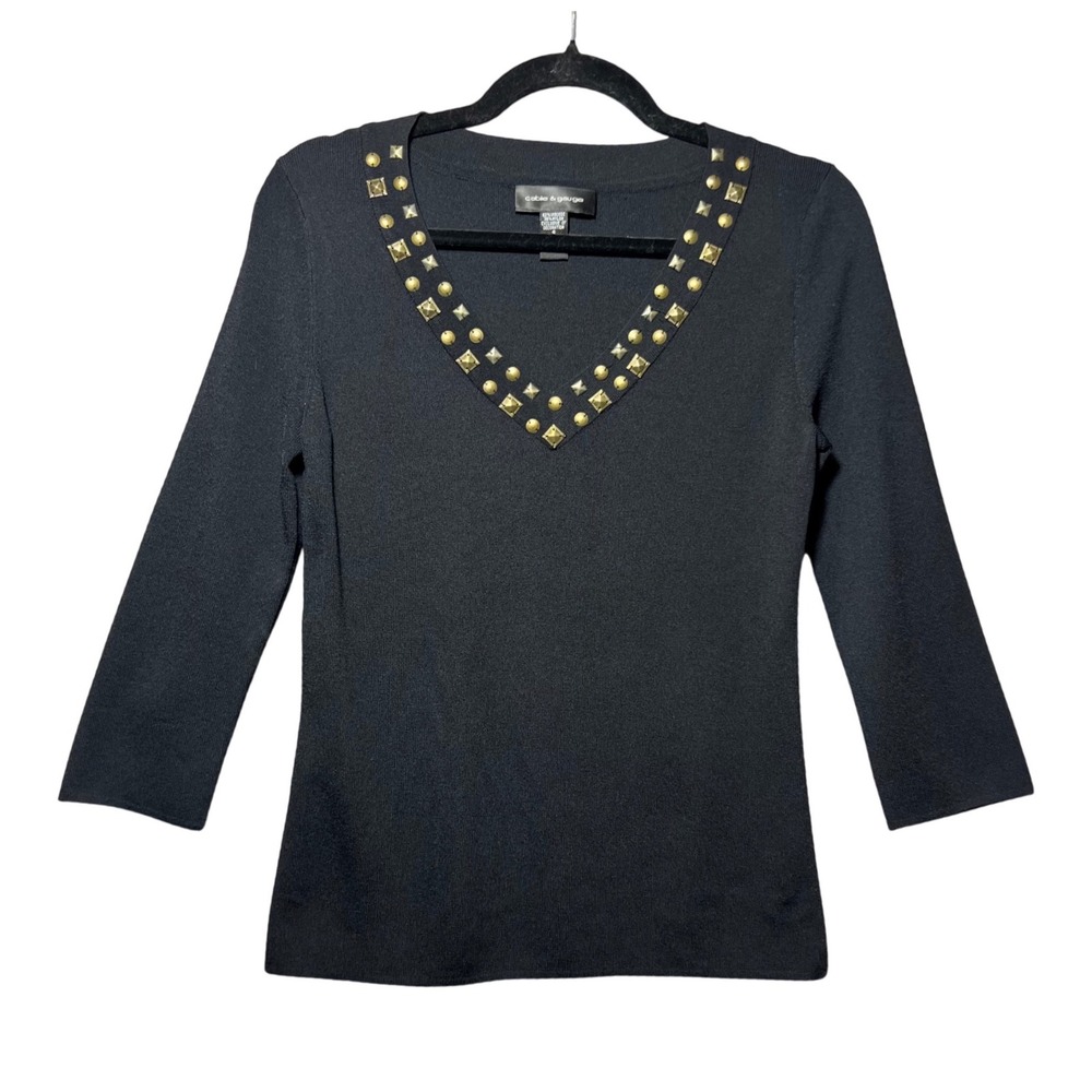 Cable & Gauge Black Studded V-Neck Knit Top 3/4 Sleeve Small Viscose Blend